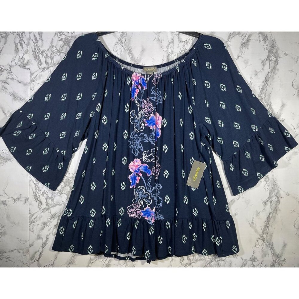 Style & Co GiGi Runway Blue Blouse Ruffle Sleeves Floral Size 2X